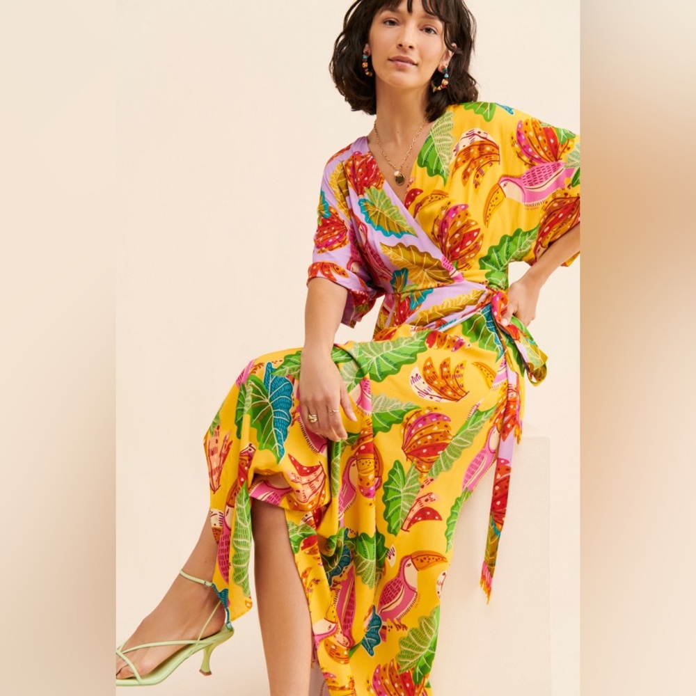 FARM Rio Beaks and Bananas Maxi Wrap Dress Size Small